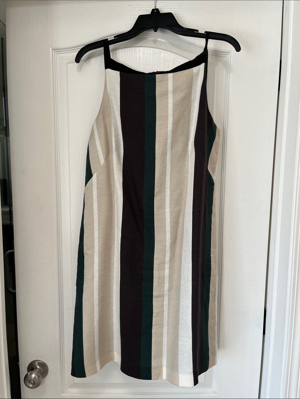 Ann Taylor Striped Sleeveless Shift Dress in Beige, Cream, Dark green. 10
